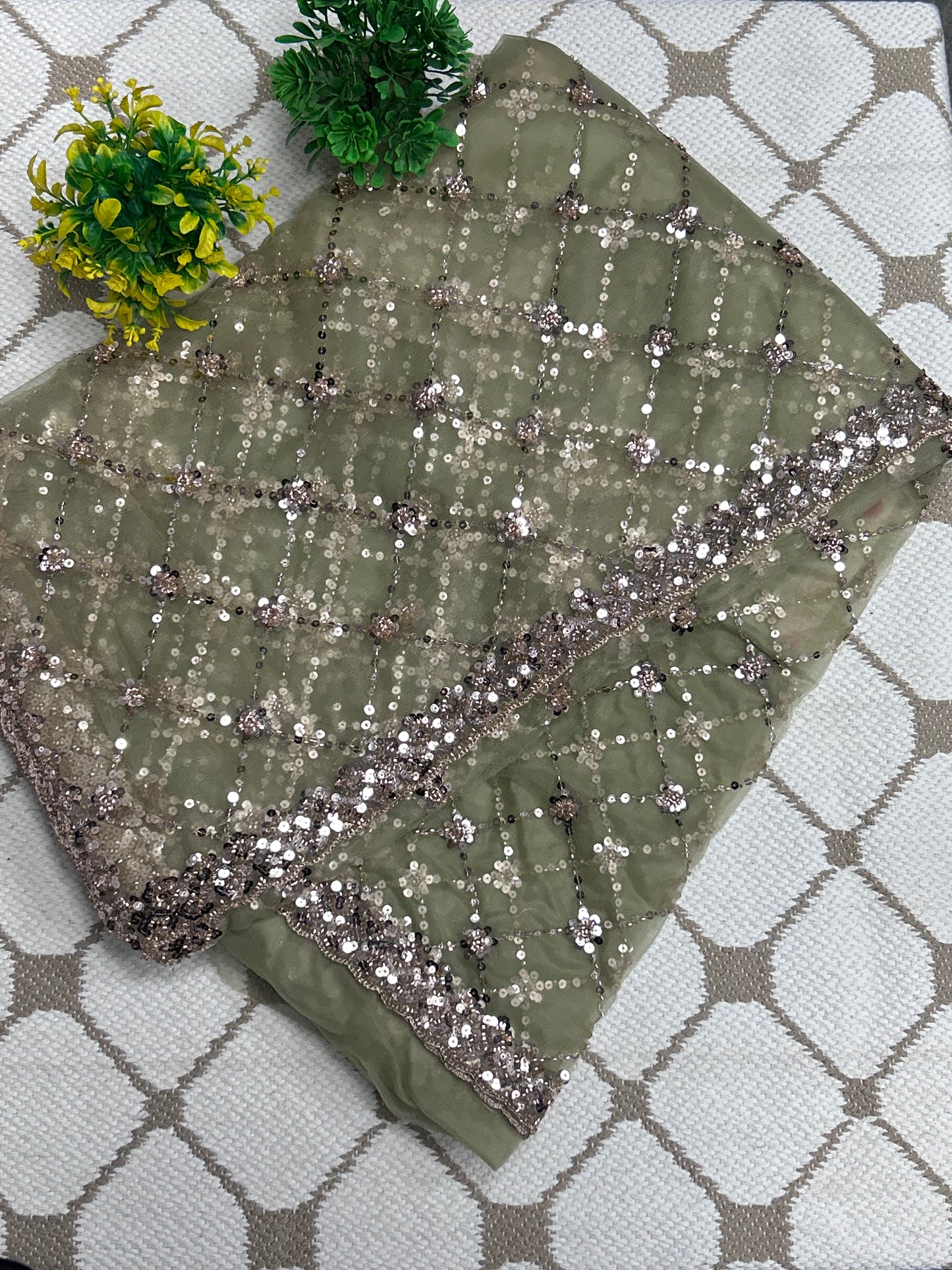 Premium Net Sequin Work Saree – Sage Green Designer Party Wear Saree✳️