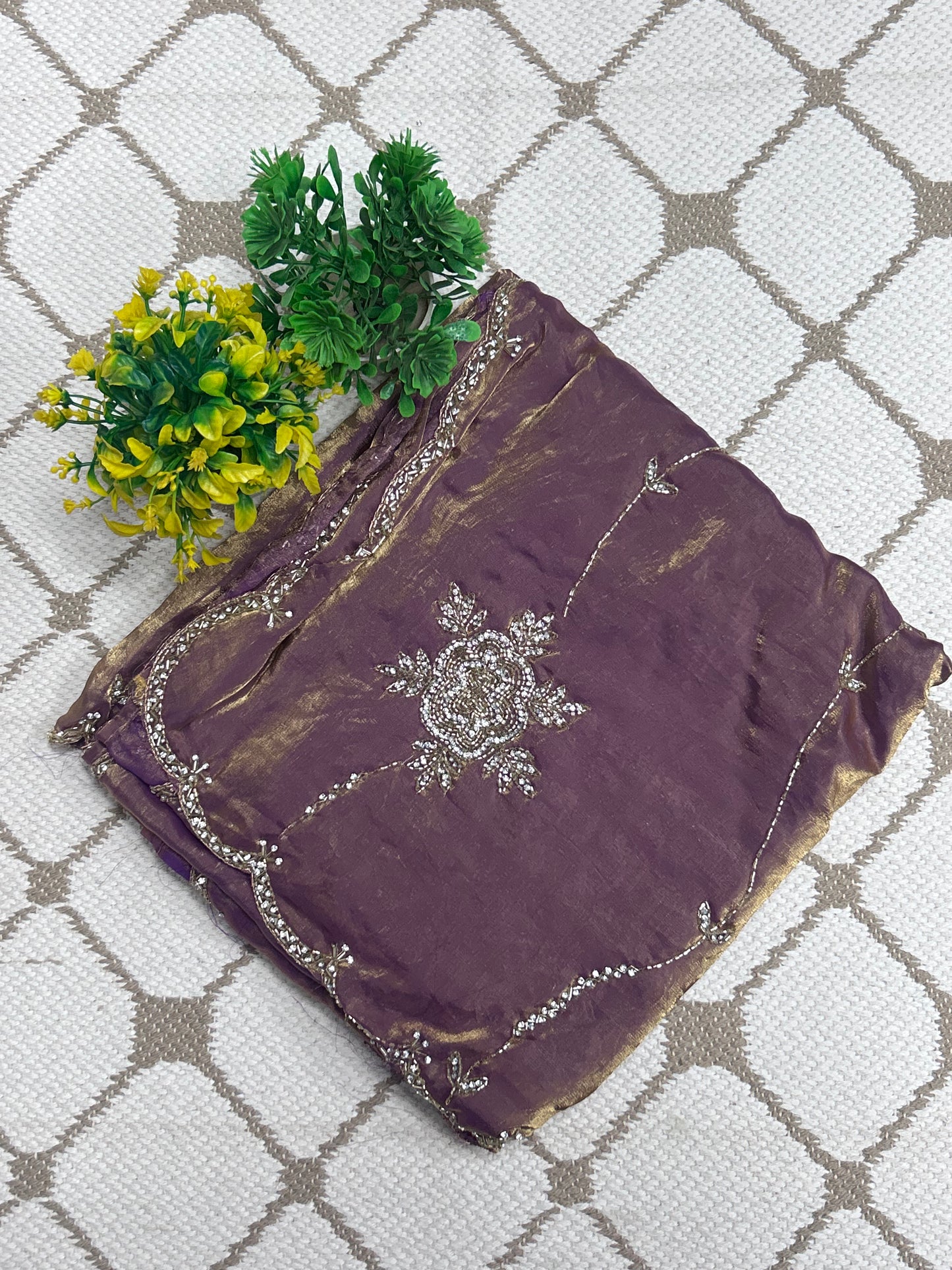 Premium Fancy Silk Saree – Mustard Yellow and Dusty Mauve Handwork Designer Saree🌼