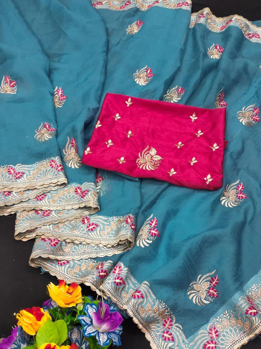 Crush Geogette Saree with Heavy Embroidery🧵🪡