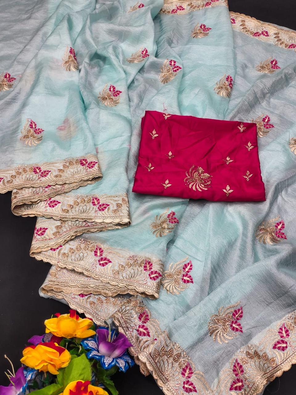 Crush Geogette Saree with Heavy Embroidery🧵🪡