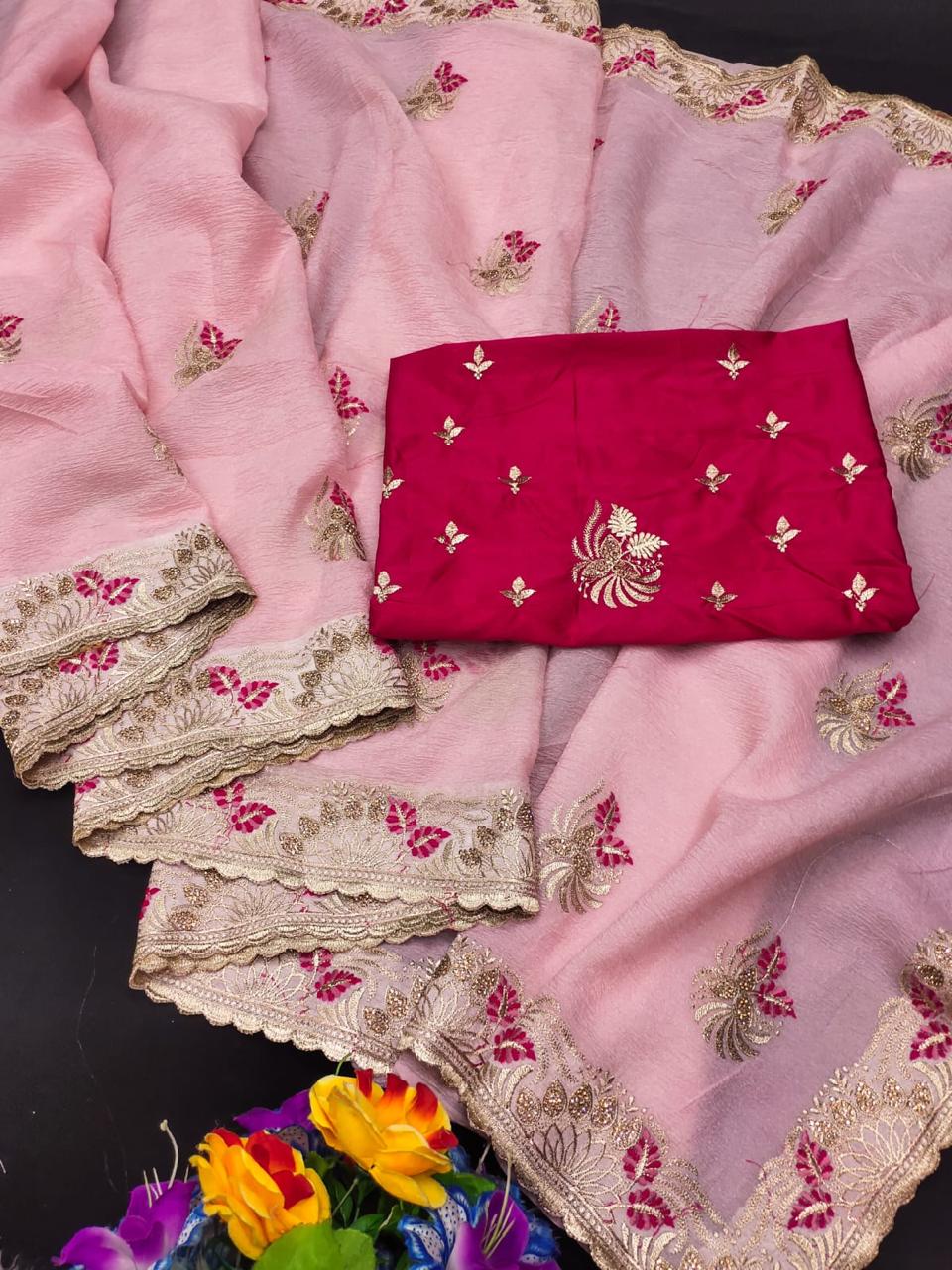 Crush Geogette Saree with Heavy Embroidery🧵🪡