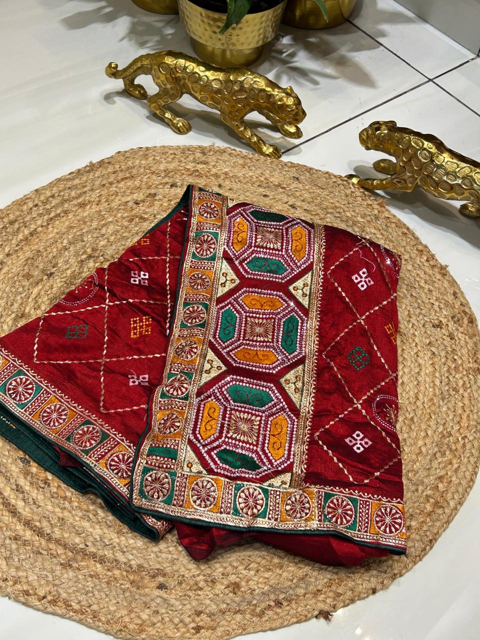 Gujarati Traditional Embroidered Saree🥭🍇