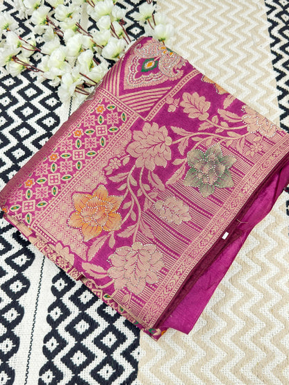 Premium Floral Dola Silk Saree – Magenta Pink🍇