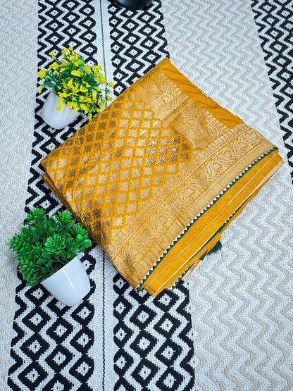 Premium Mustard Dola Silk Saree with Zari Weaving & Sequin Work🌼