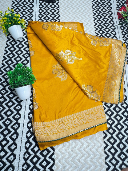 Premium Mustard Dola Silk Saree with Zari Weaving & Sequin Work🌼