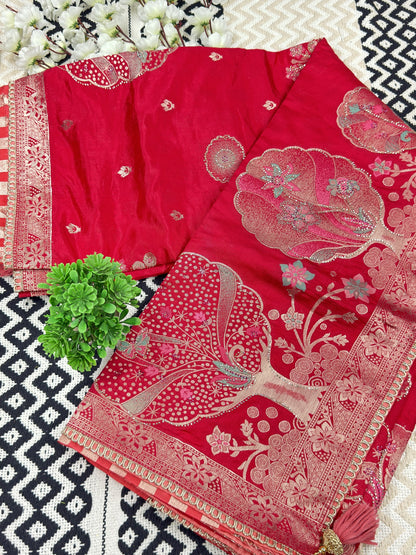Ruby Red Premium Dola Silk Designer Saree🌹