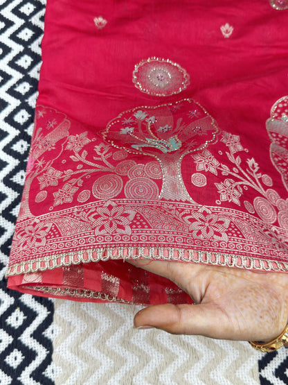 Ruby Red Premium Dola Silk Designer Saree🌹