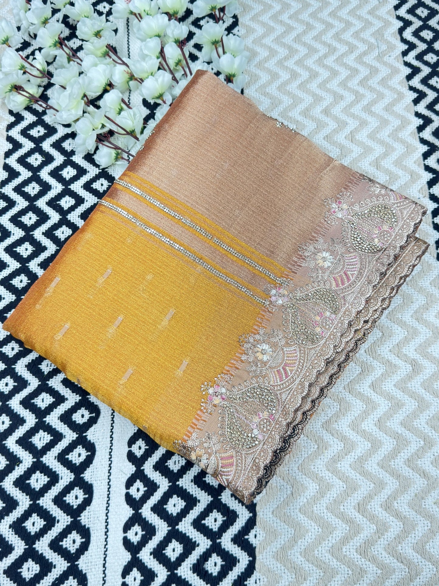 Khadi Style Tissue Saree with Golden Zari Pallu & Zarkan Work💪🏻