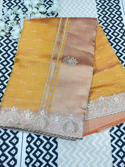 Khadi Style Tissue Saree with Golden Zari Pallu & Zarkan Work💪🏻