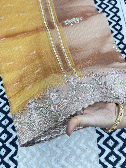 Khadi Style Tissue Saree with Golden Zari Pallu & Zarkan Work💪🏻