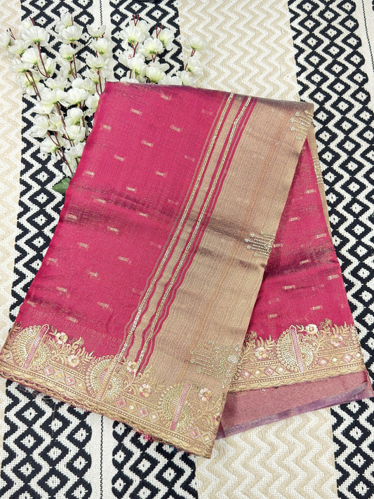 Khadi Style Tissue Saree with Golden Zari Pallu & Zarkan Work💪🏻