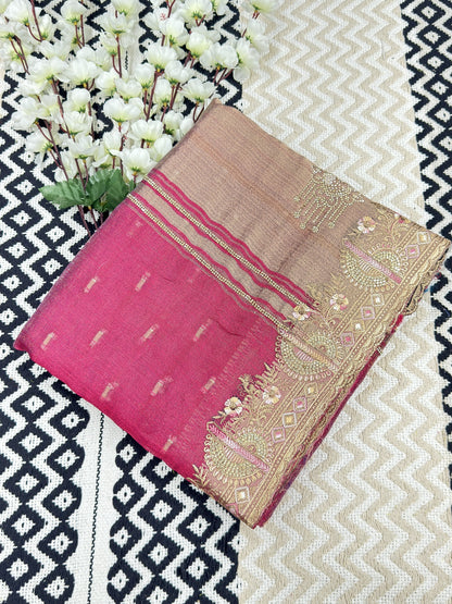 Khadi Style Tissue Saree with Golden Zari Pallu & Zarkan Work💪🏻