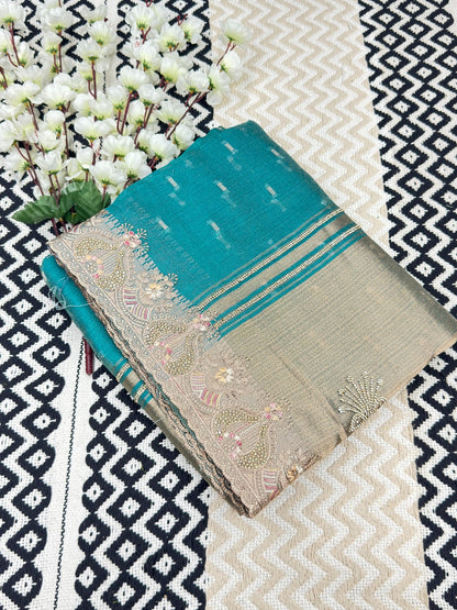 Khadi Style Tissue Saree with Golden Zari Pallu & Zarkan Work💪🏻