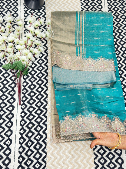 Khadi Style Tissue Saree with Golden Zari Pallu & Zarkan Work💪🏻
