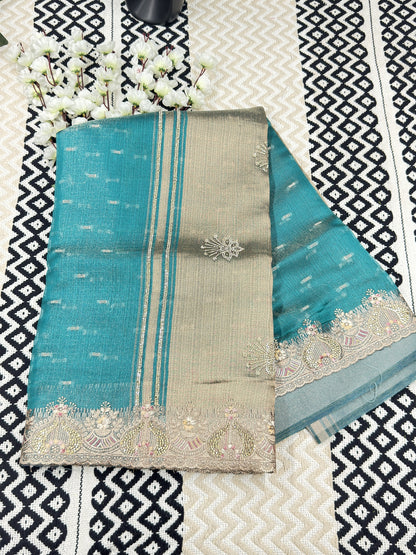 Khadi Style Tissue Saree with Golden Zari Pallu & Zarkan Work💪🏻