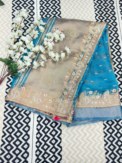 Khadi Style Tissue Saree with Golden Zari Pallu & Zarkan Work💪🏻