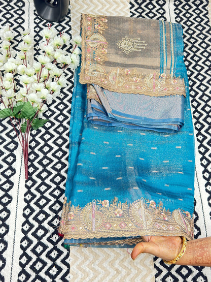 Khadi Style Tissue Saree with Golden Zari Pallu & Zarkan Work💪🏻