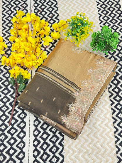 Khadi Style Tissue Saree with Golden Zari Pallu & Zarkan Work💪🏻