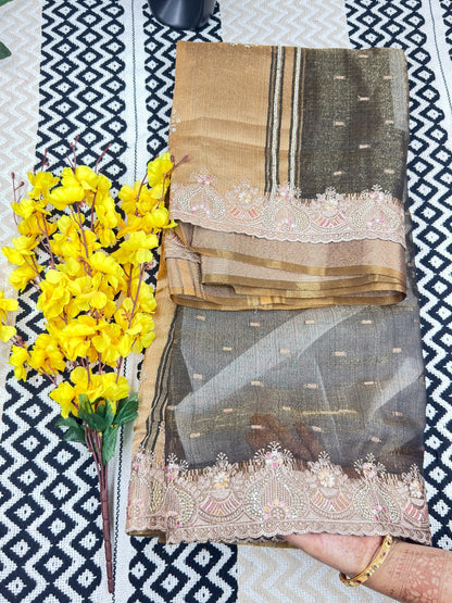 Khadi Style Tissue Saree with Golden Zari Pallu & Zarkan Work💪🏻