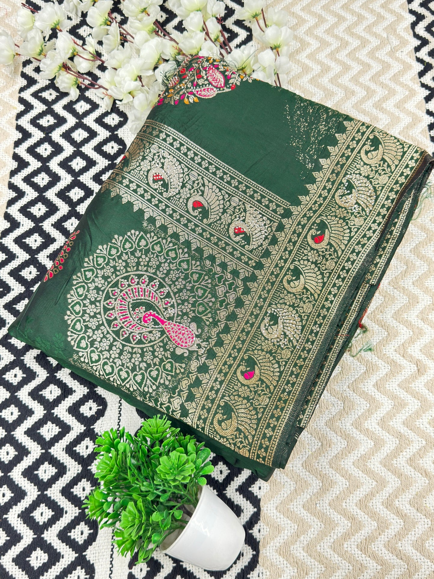 Dark Green Soft Banarasi Silk Saree with Peacock Zari Weaving