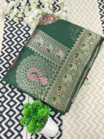 Dark Green Soft Banarasi Silk Saree with Peacock Zari Weaving