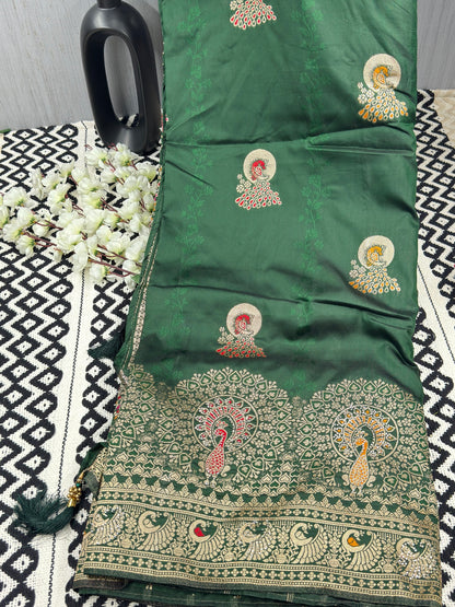 Dark Green Soft Banarasi Silk Saree with Peacock Zari Weaving