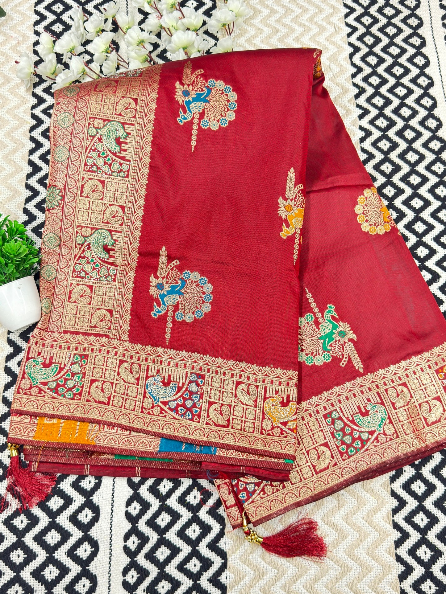 Maroon and Purple Soft Banarasi Silk Saree with Peacock Zari Weaving