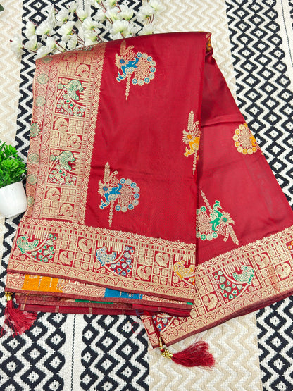 Maroon and Purple Soft Banarasi Silk Saree with Peacock Zari Weaving