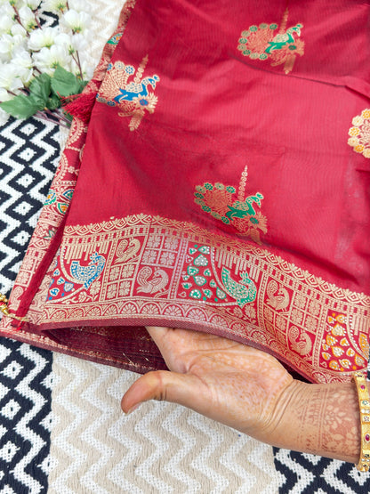 Maroon and Purple Soft Banarasi Silk Saree with Peacock Zari Weaving