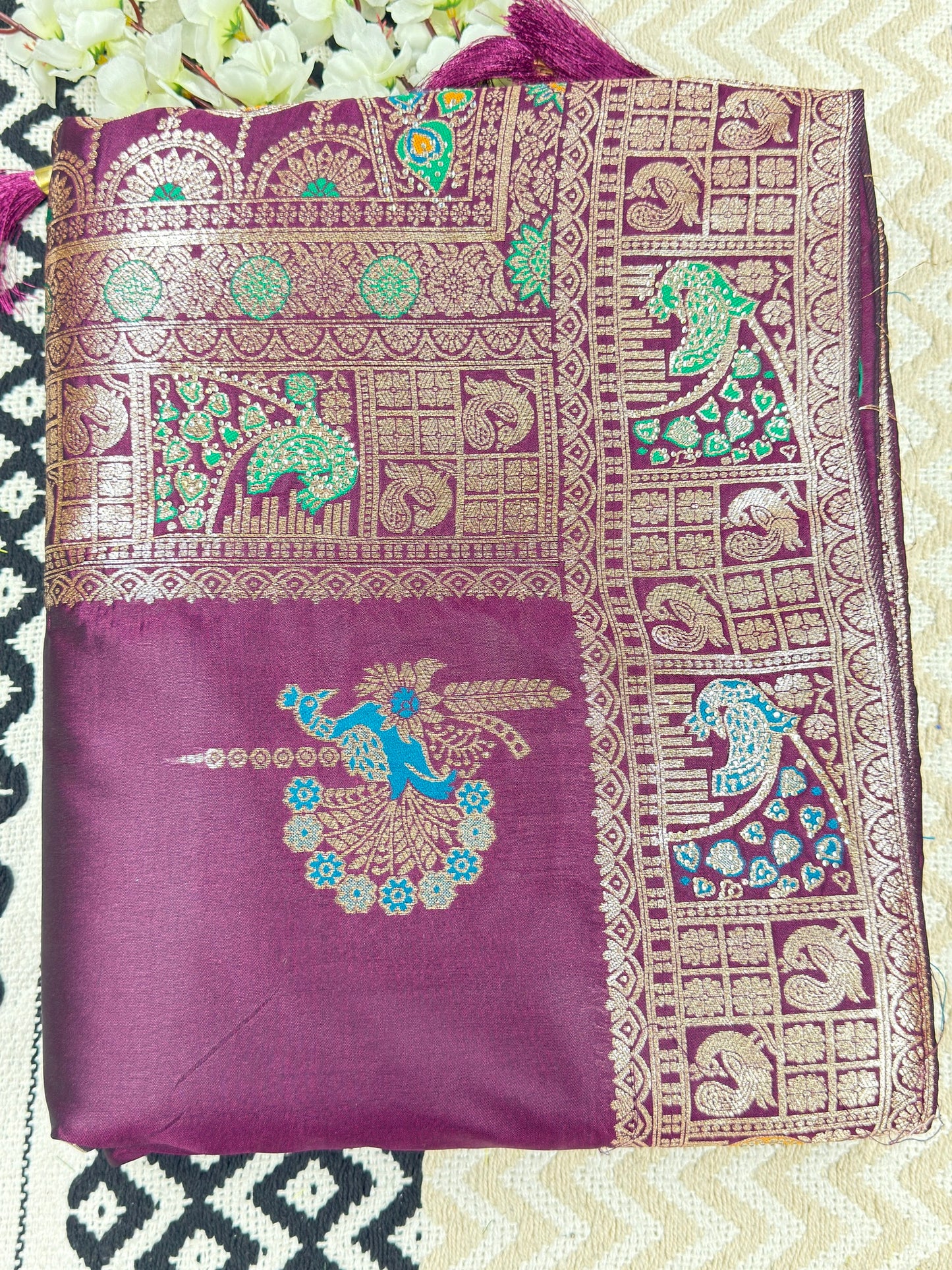 Maroon and Purple Soft Banarasi Silk Saree with Peacock Zari Weaving
