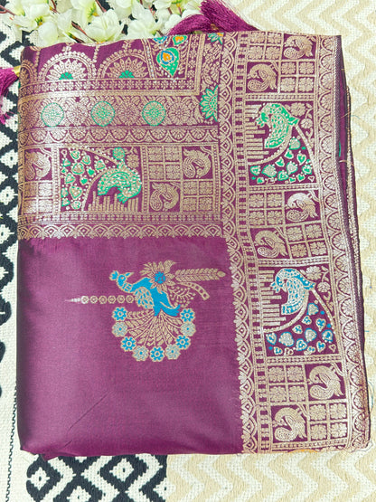 Maroon and Purple Soft Banarasi Silk Saree with Peacock Zari Weaving