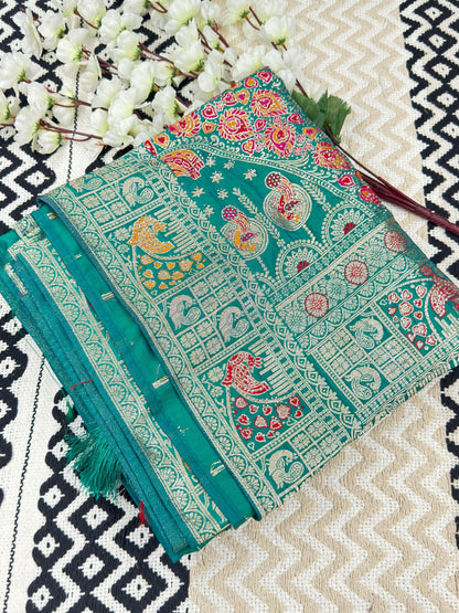 Premium Banarasi Peacock Designer Silk Saree – Teal Green🦋