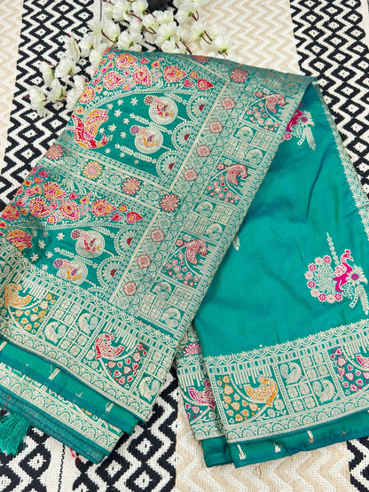 Premium Banarasi Peacock Designer Silk Saree – Teal Green🦋