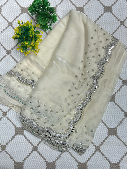 Premium Fancy Silk Saree – Ivory Elegance with Mirror & Handwork🤍