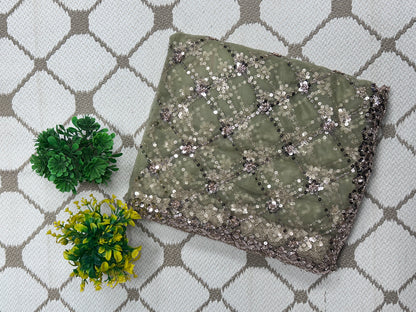 Premium Net Sequin Work Saree – Sage Green Designer Party Wear Saree✳️