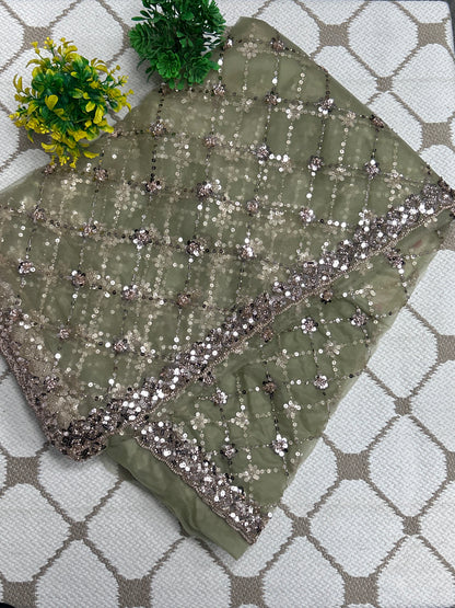 Premium Net Sequin Work Saree – Sage Green Designer Party Wear Saree✳️