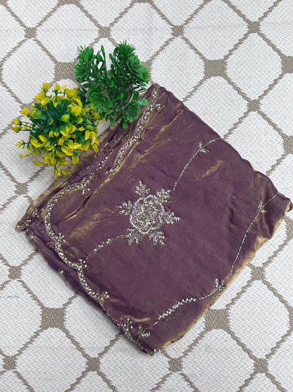 Premium Fancy Silk Saree – Mustard Yellow and Dusty Mauve Handwork Designer Saree🌼