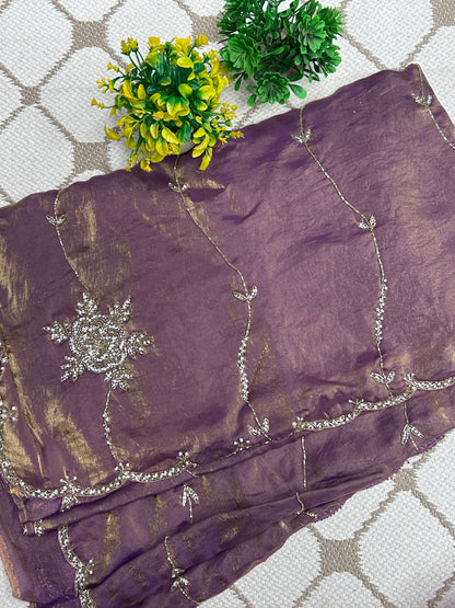 Premium Fancy Silk Saree – Mustard Yellow and Dusty Mauve Handwork Designer Saree🌼