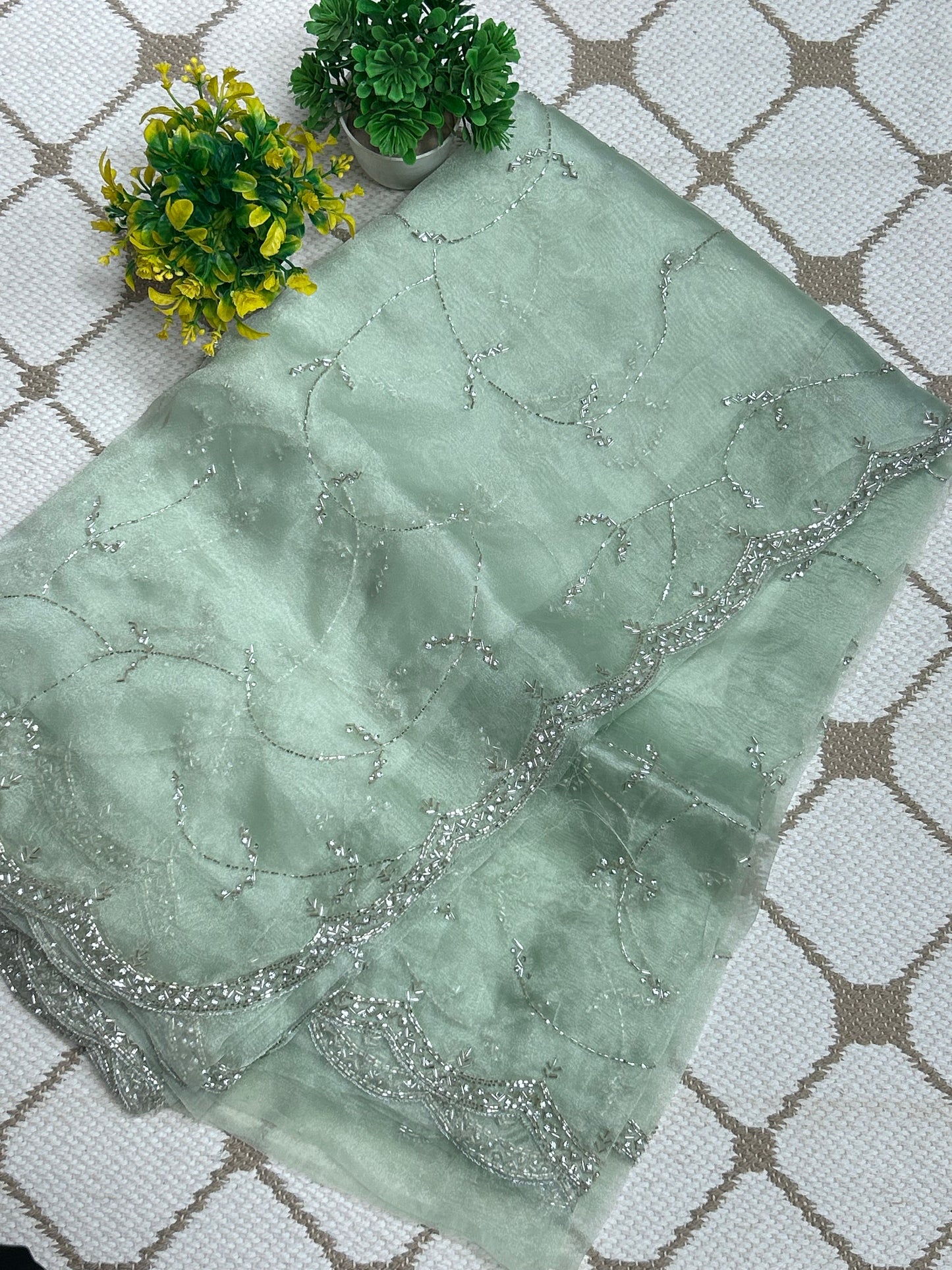 Premium Organza Handwork Saree – Leaf Vine Embroidery Designer Saree🌱