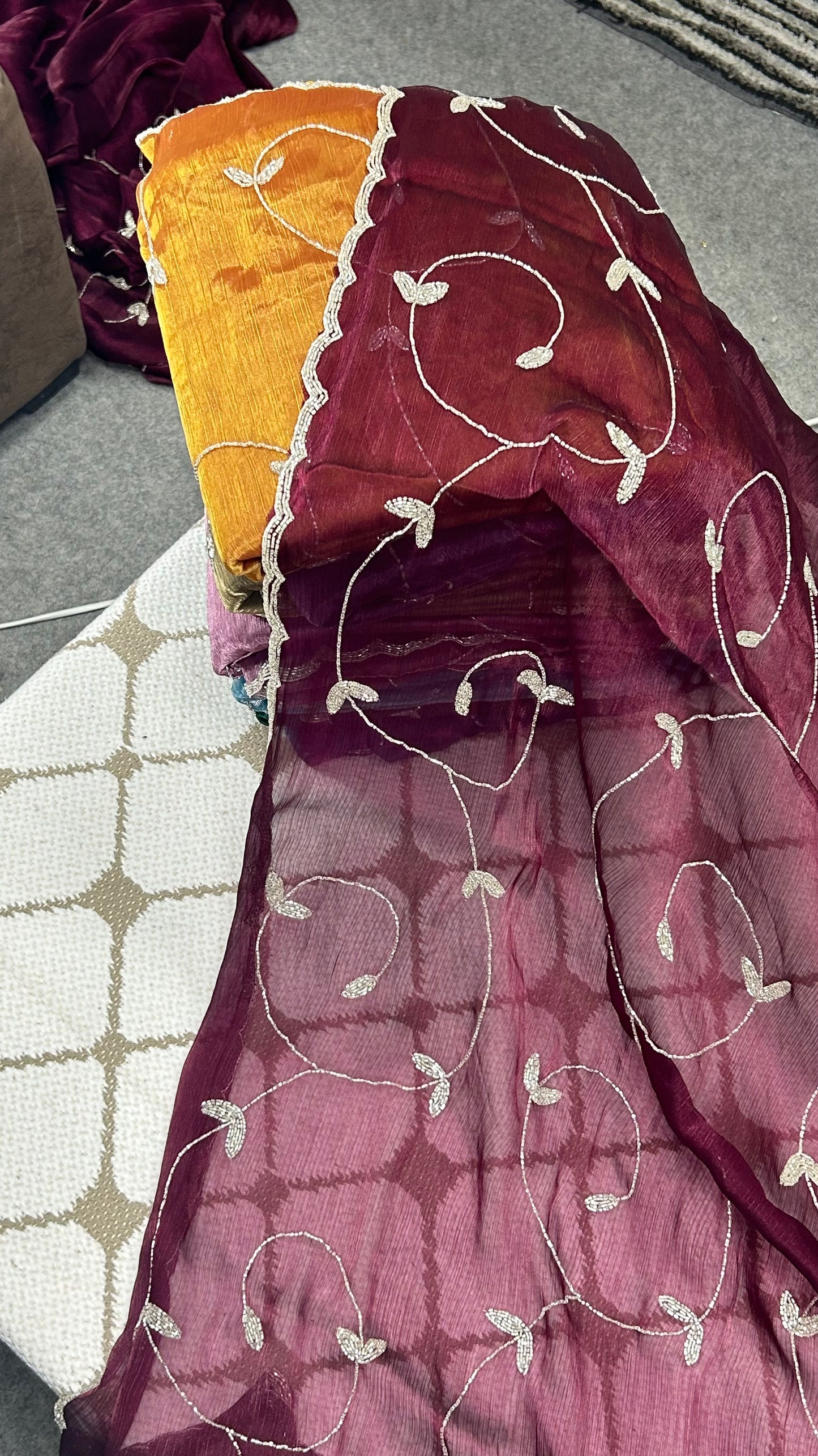 Premium Organza Georgette Crush Saree – Creeper Handwork Designer Saree