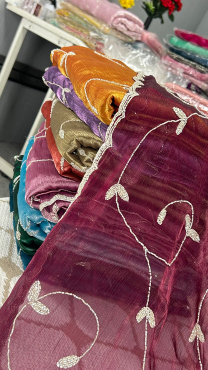 Premium Organza Georgette Crush Saree – Creeper Handwork Designer Saree