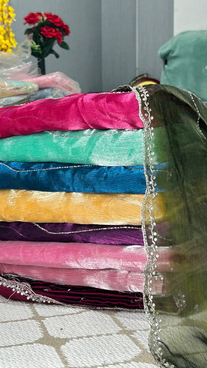 Premium Organza Georgette Crush Handwork Saree with floral vine motifs⭕️