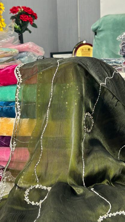 Premium Organza Georgette Crush Handwork Saree with floral vine motifs⭕️