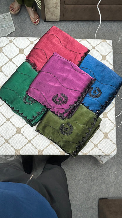 Premium Organza Georgette Crush Handwork Saree🖤