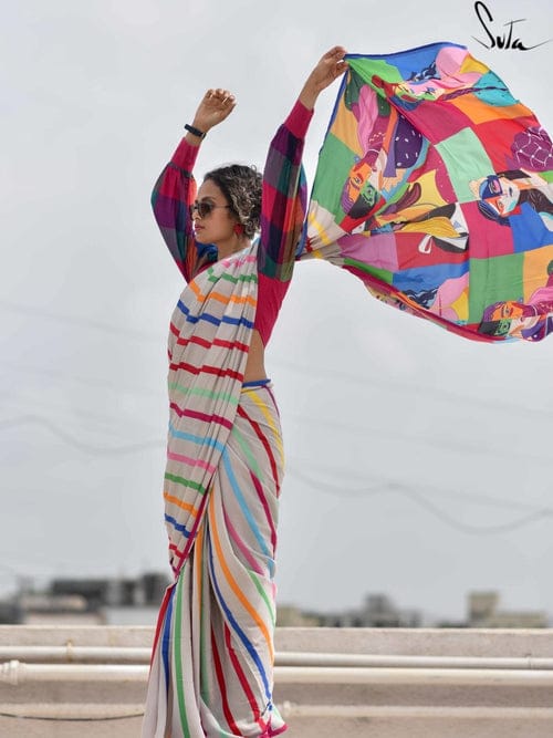 Multicolor Stripe Art Saree – Handloom Inspired Pop Pallu