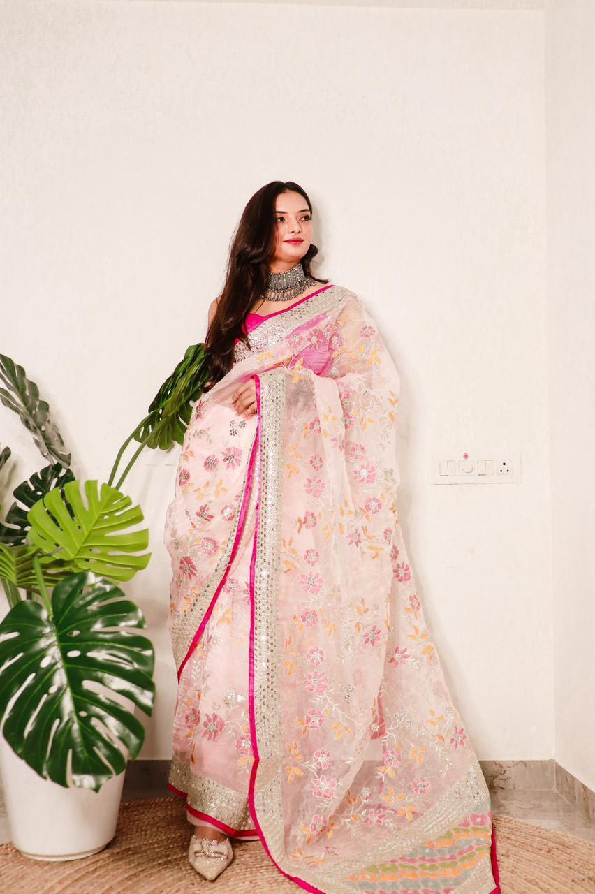 Premium Organza Silk Saree with Viscose Thread & Sequin Work + Raw Silk Blouse🌸🌺