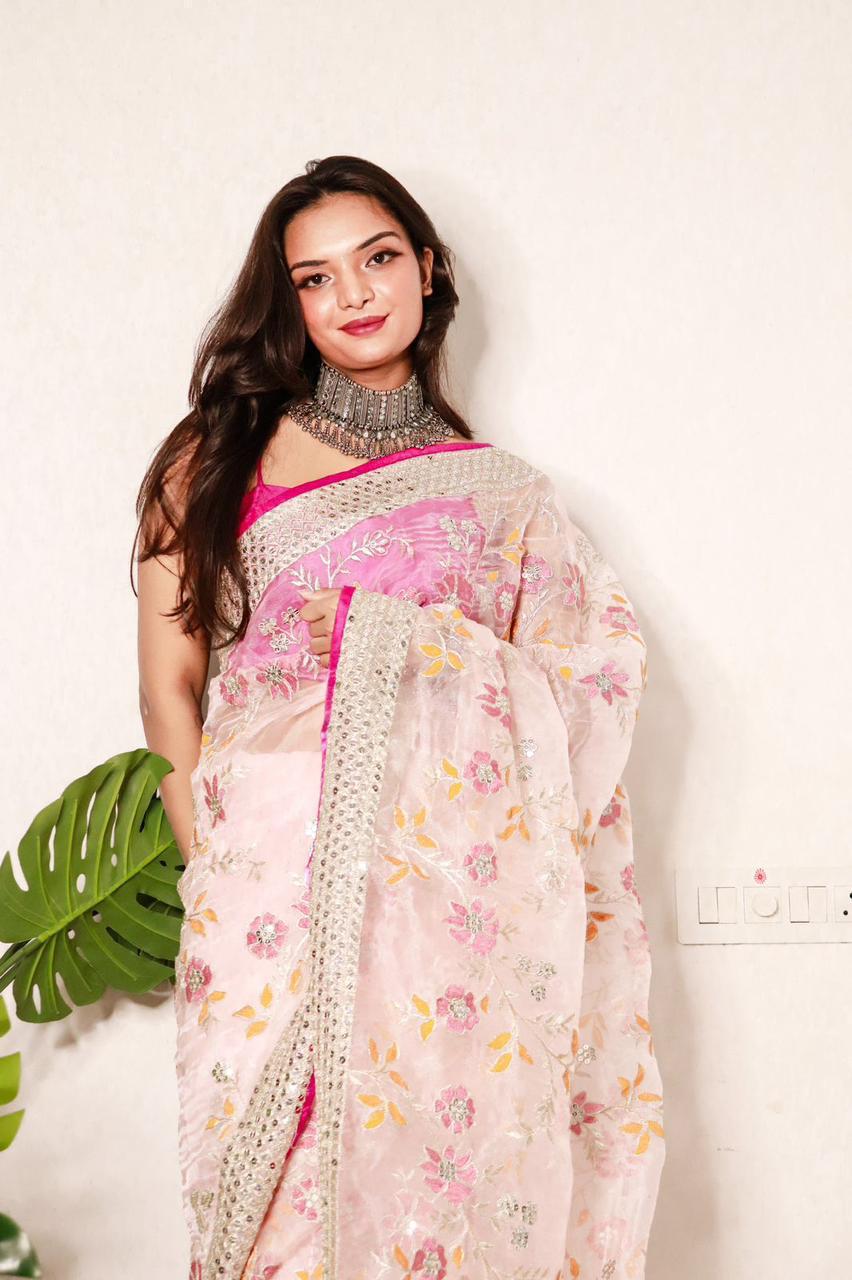 Premium Organza Silk Saree with Viscose Thread & Sequin Work + Raw Silk Blouse🌸🌺