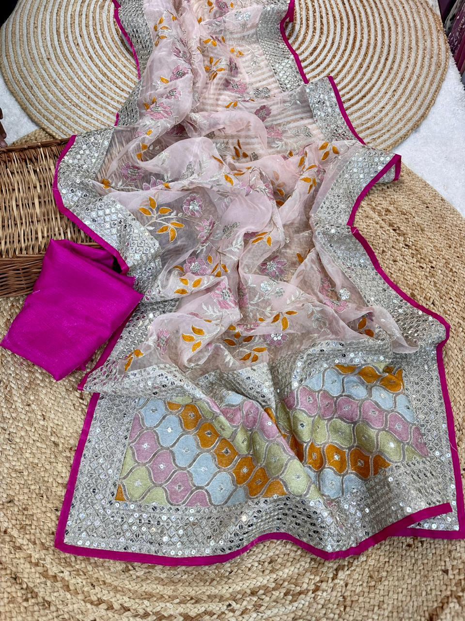 Premium Organza Silk Saree with Viscose Thread & Sequin Work + Raw Silk Blouse🌸🌺