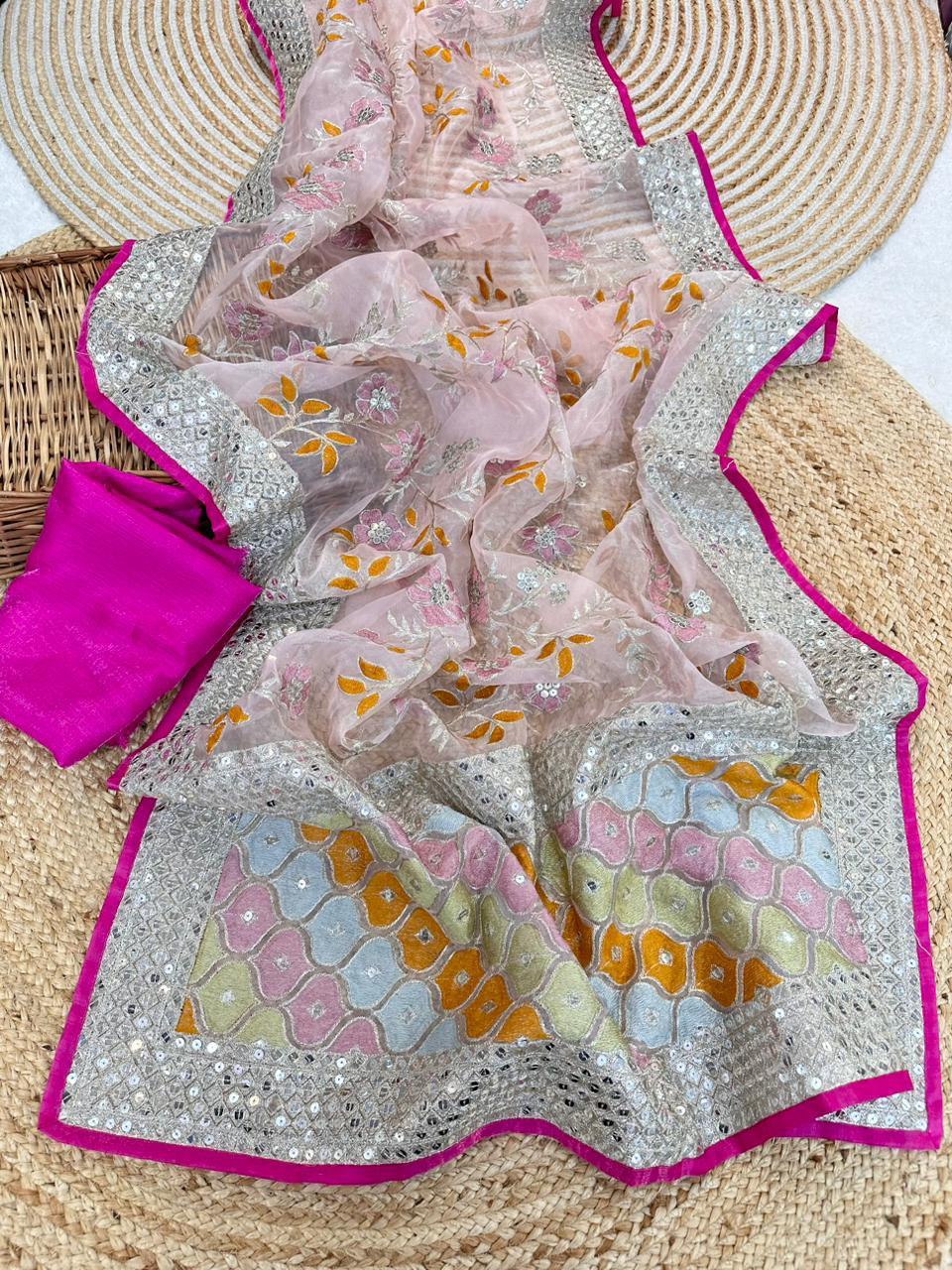 Premium Organza Silk Saree with Viscose Thread & Sequin Work + Raw Silk Blouse🌸🌺