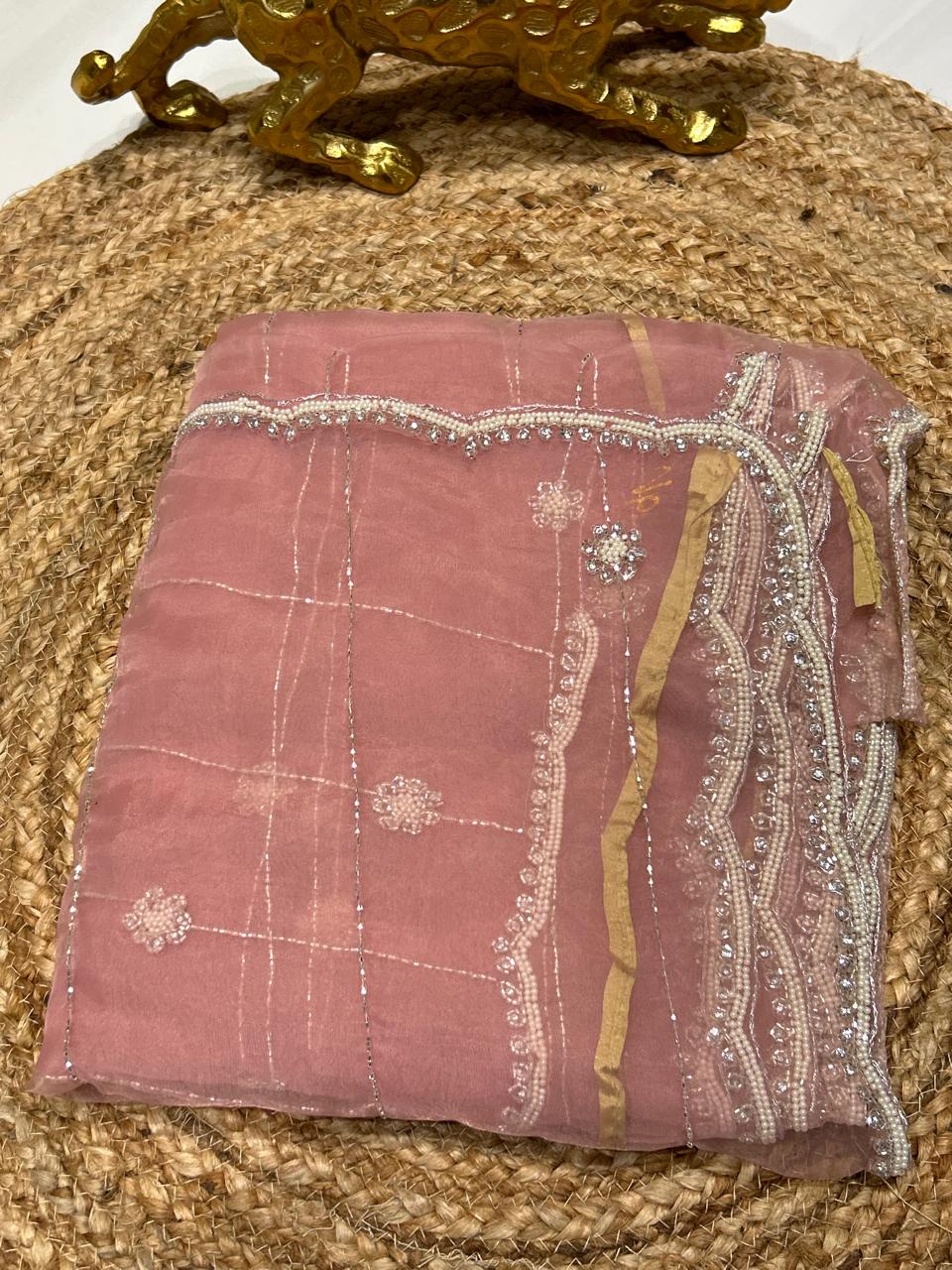 Soft Oraganza Saree With Pearl work🐚❄️